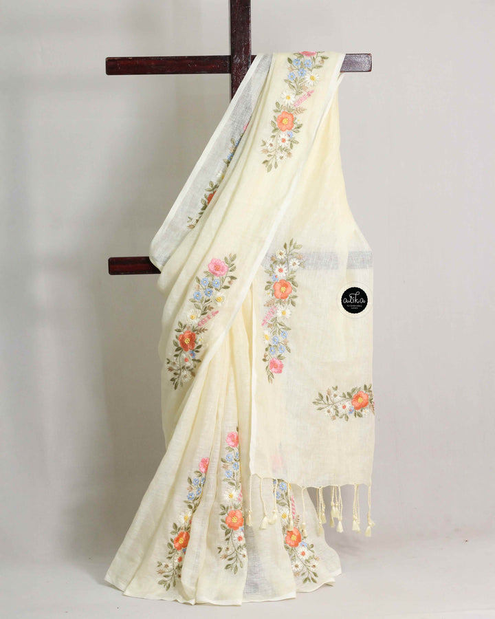 Cream Pure Linen Saree with Multicolour Floral Embroidery