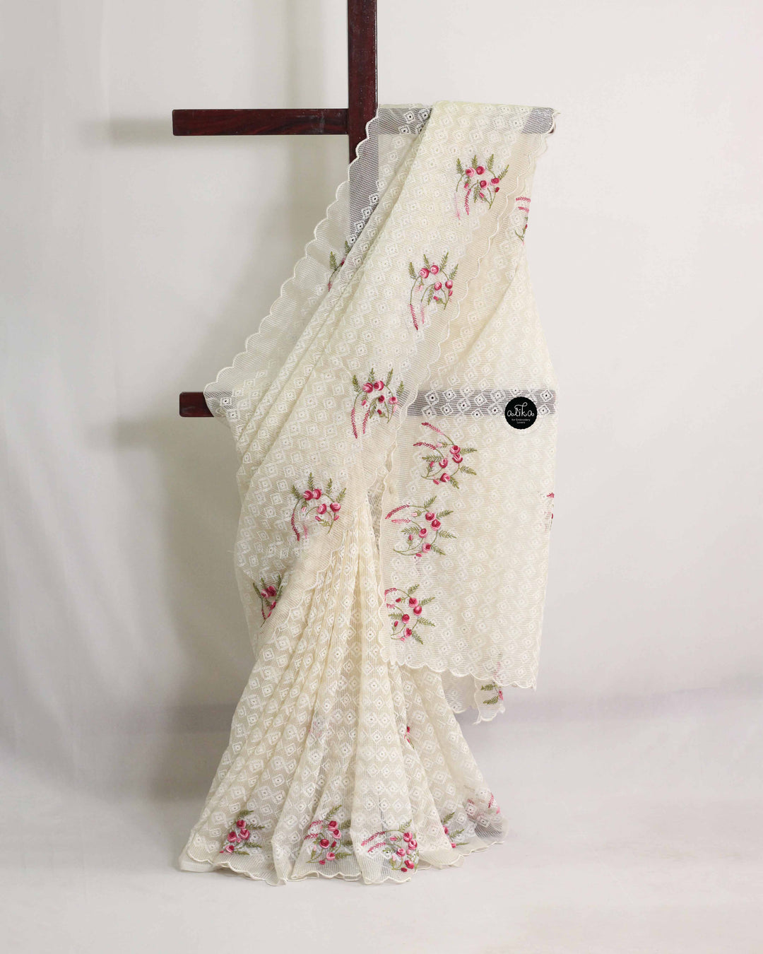 Off White Phulkari Saree with Bullion Work