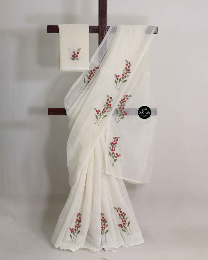Off-White Kota Saree with Bullion Embroidery