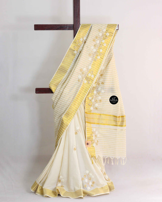 Kerala Kasavu Saree with Floral Ribbon Embroidery