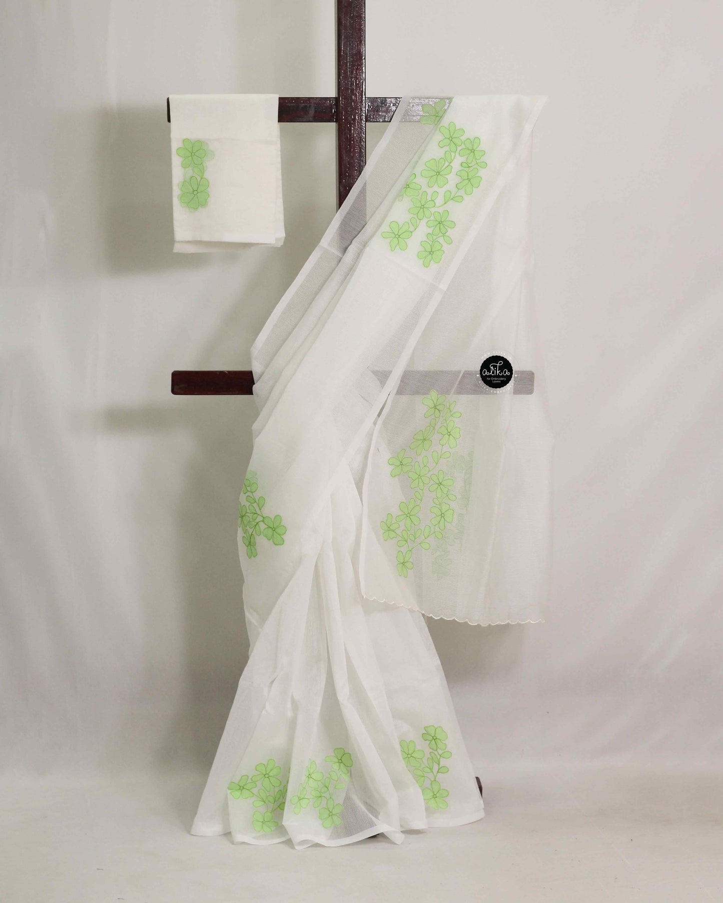 White Kota Saree with Green Shadow Appliqué Work – Alika Fashion Store