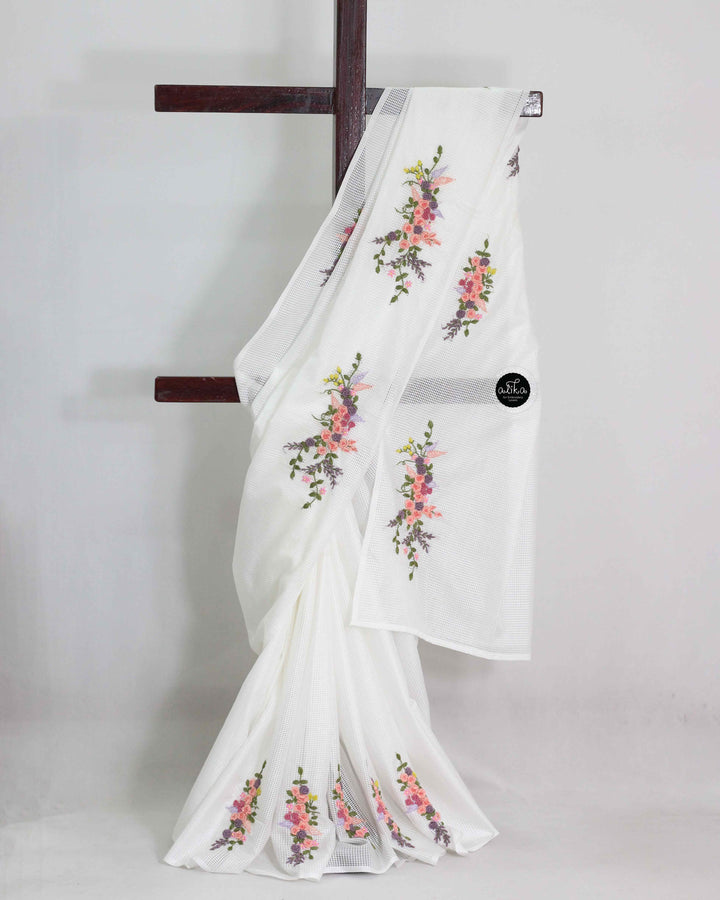 White Bagalpuri Saree with Floral Heavy Hand Embroidery