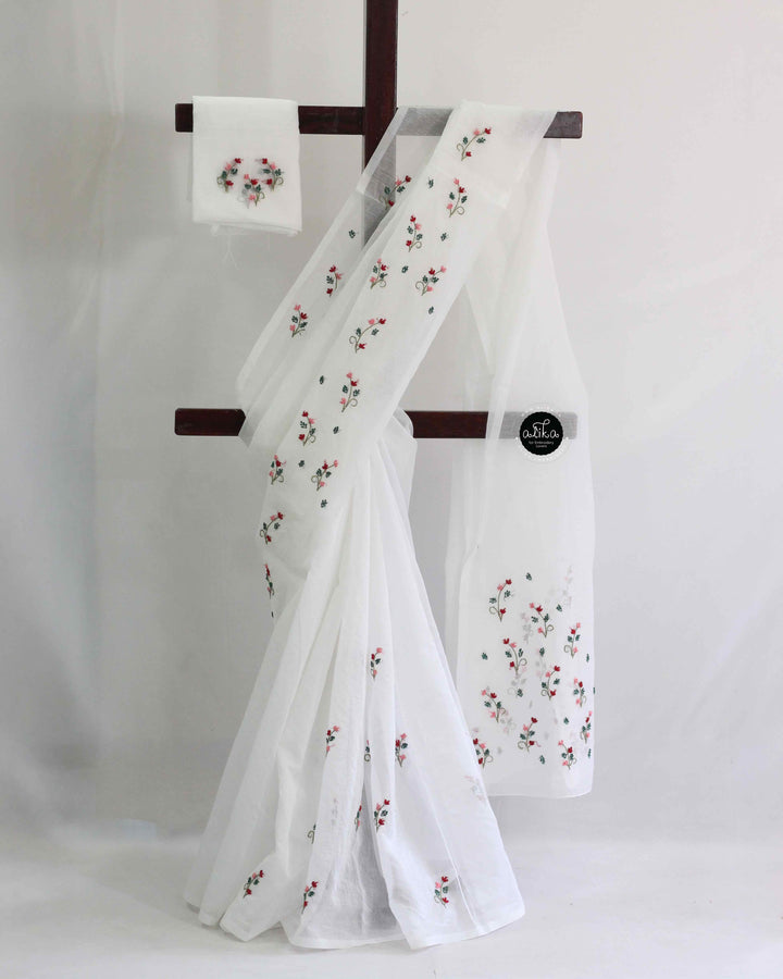 White silky kota Saree with mini bullion hand-embroidery