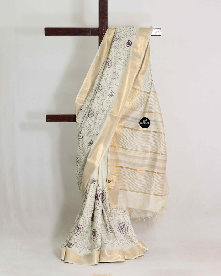 Cream And purple Chanderi Silk Saree with Floral Machine Embroidery