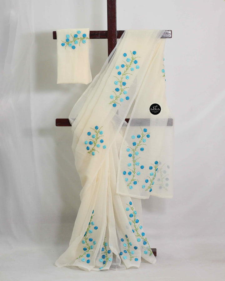 Cream Kota Saree with Ribbon Work &amp; Bead Embellishment