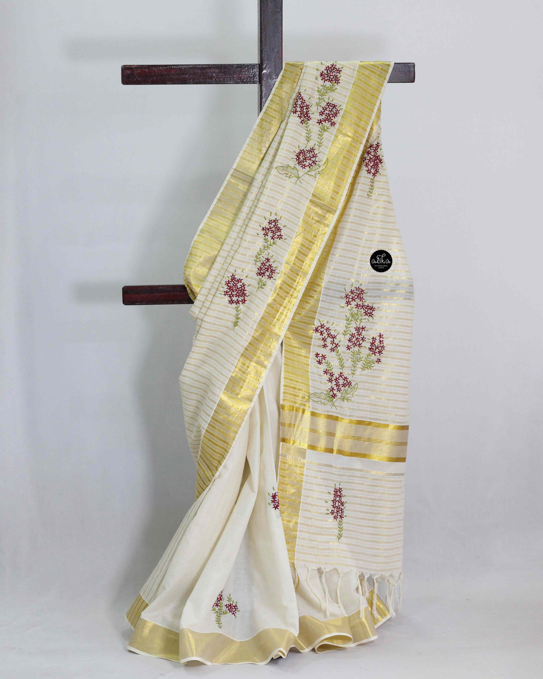 Kerala Cotton Saree with Lazy Daisy and Bead Embroidery