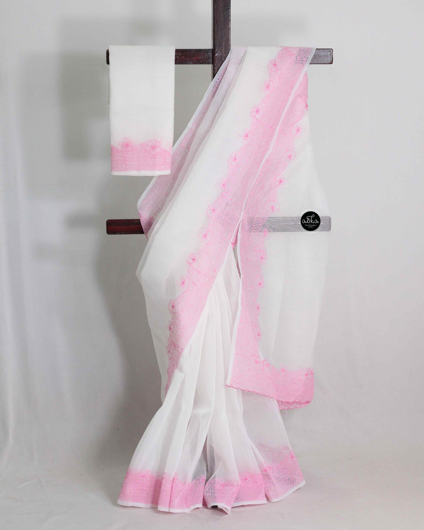 White Kota Saree with Floral Full Border