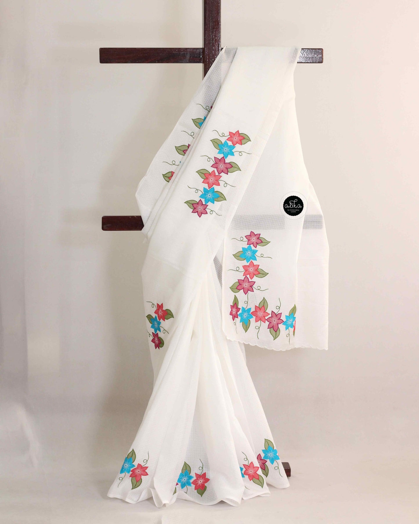 White Kota Saree with Floral Applique Work
