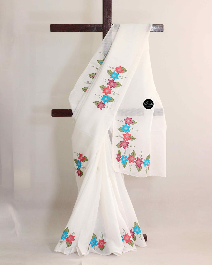 White Kota Saree with Floral Applique Work
