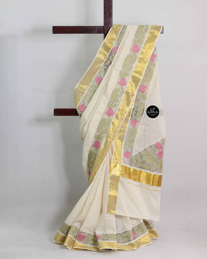 Striped Kavani Saree with Lotus Appliqué Border &amp; Triangle Pattern Pallu