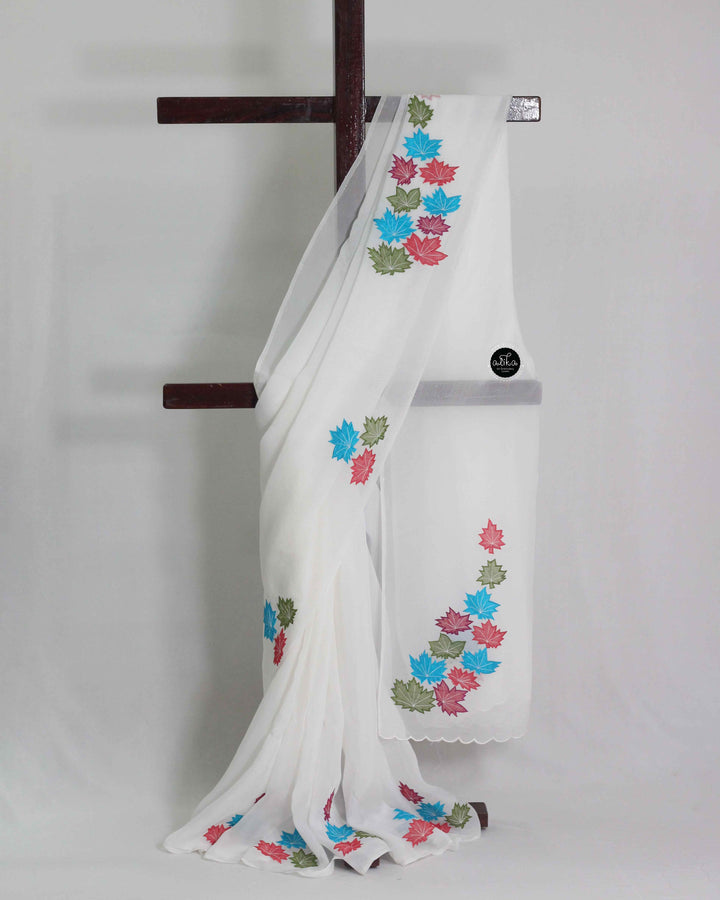 White Organza Saree with Multicolour Applique work