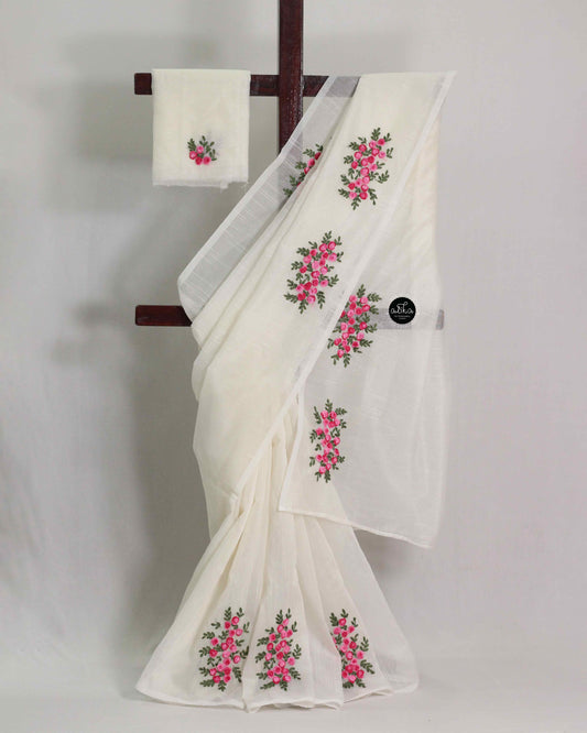 Off White Kota Saree with Floral Hand Embroidery