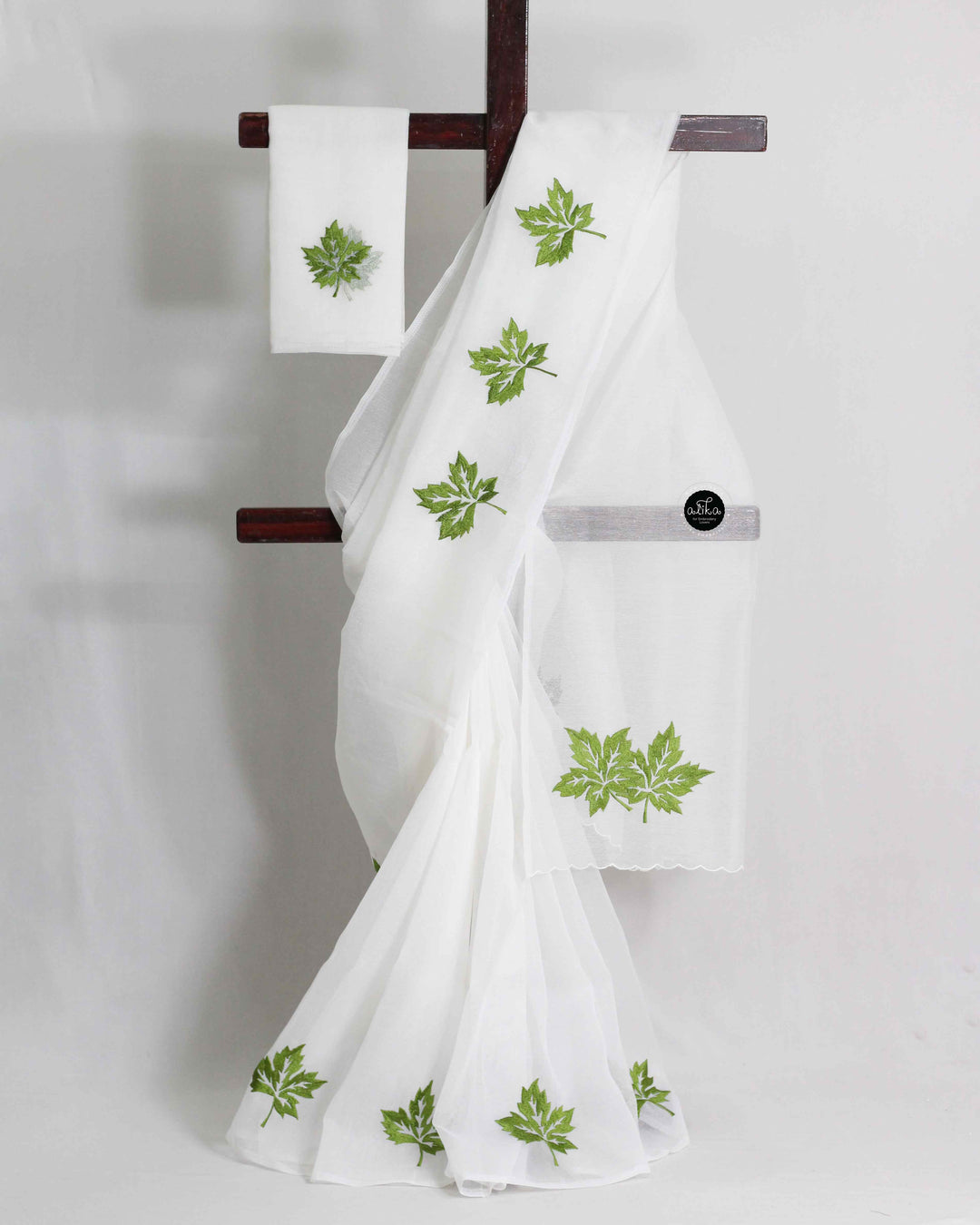 White Kota Saree with Green maple Leaf Embroidery