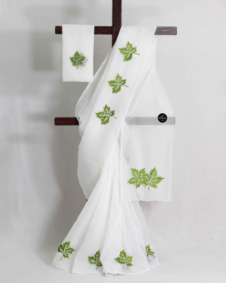 White Kota Saree with Green maple Leaf Embroidery