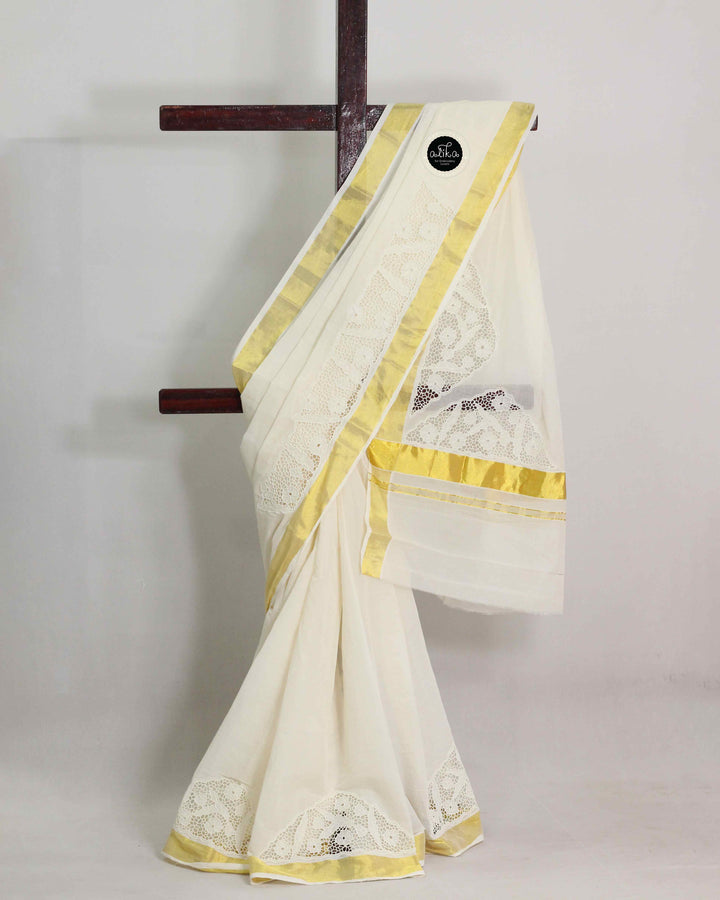 Pure Kerala Kasavu Saree with Intricate Twine Cutwork