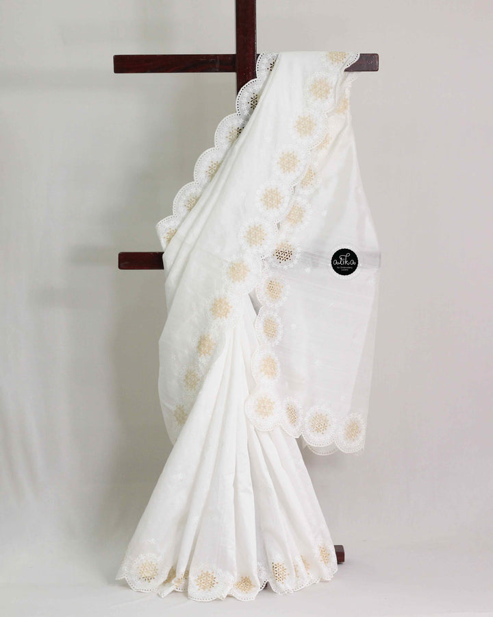 White Semi Silk Saree with Floral Full Border Cutwork