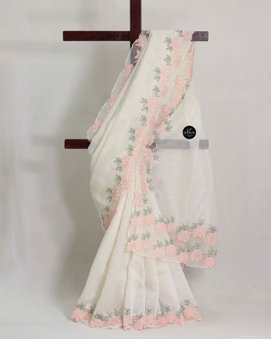Off White Kota Saree with Floral Organza Applique Embroidery