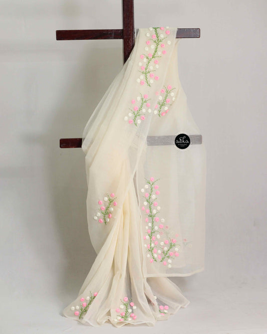 Cream Kota Saree with Floral Ribbon & Bead Work – Luxury Designer Wear