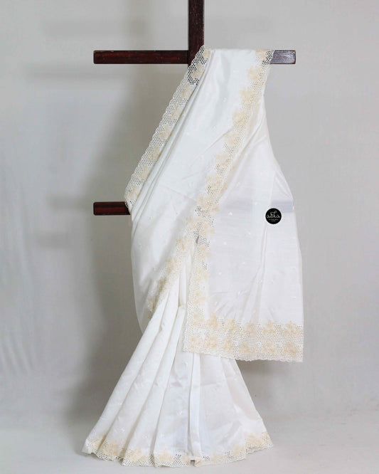 White Semi Silk Saree with Floral Full Border Cutwork
