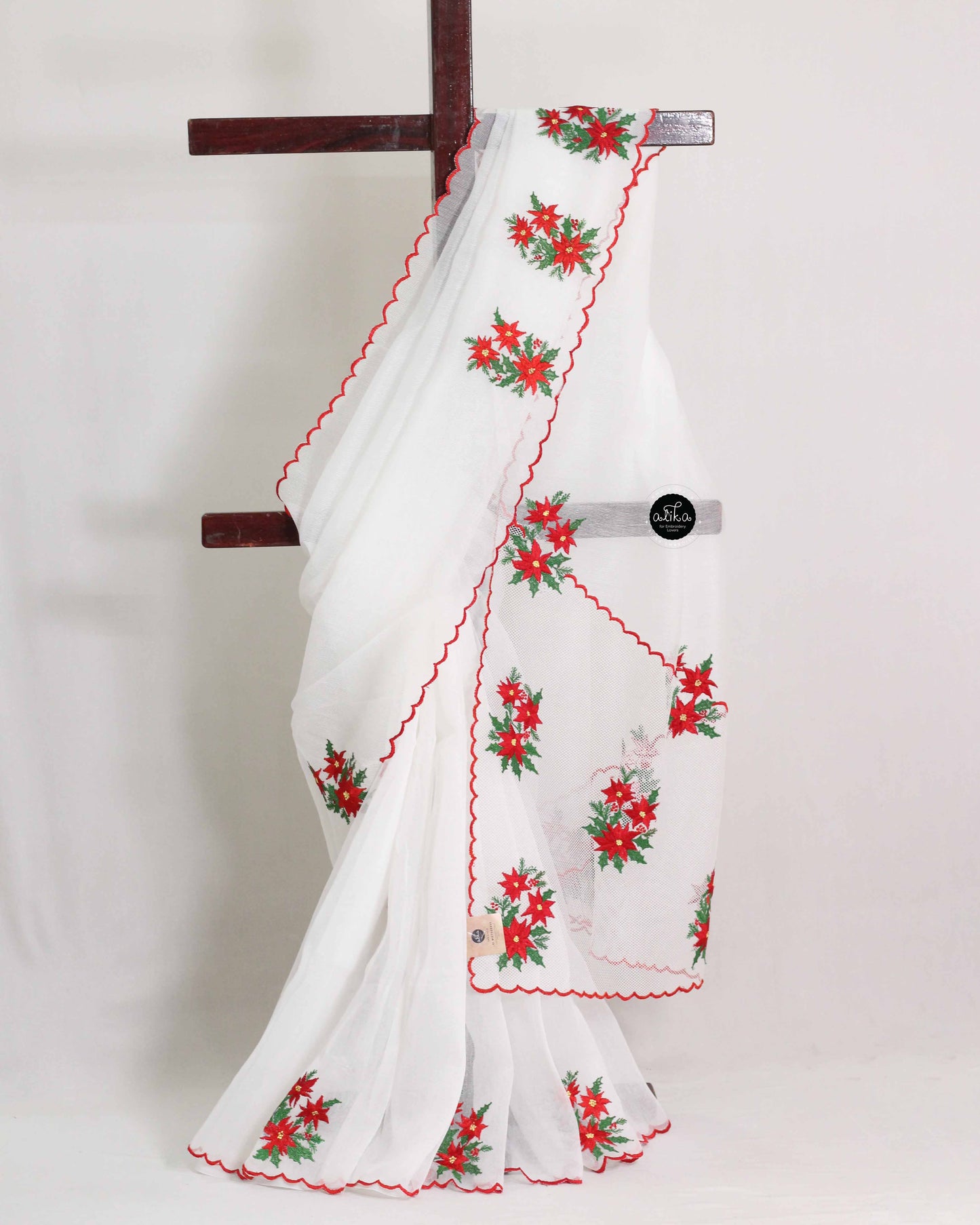 White Kota Saree with Red Floral Machine Embroidery