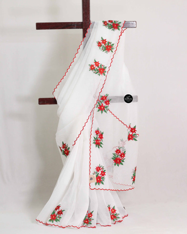 White Kota Saree with Red Floral Machine Embroidery