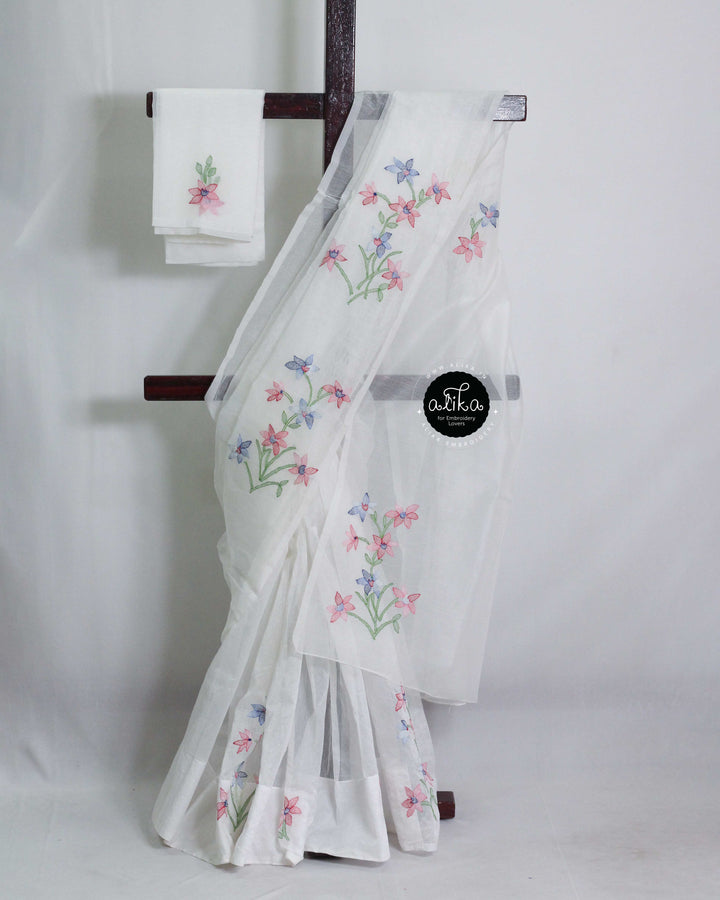 White Kota Saree with Shadow Work &amp; Hand Embroidered Florals