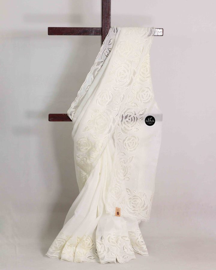 Off white Silky Kota Saree with Floral Applique Border