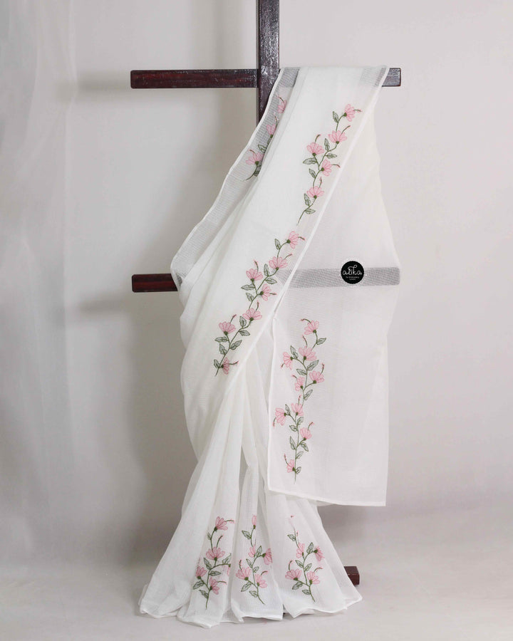 White cotton Kota Saree with Shadow Work – Subtle Handcrafted