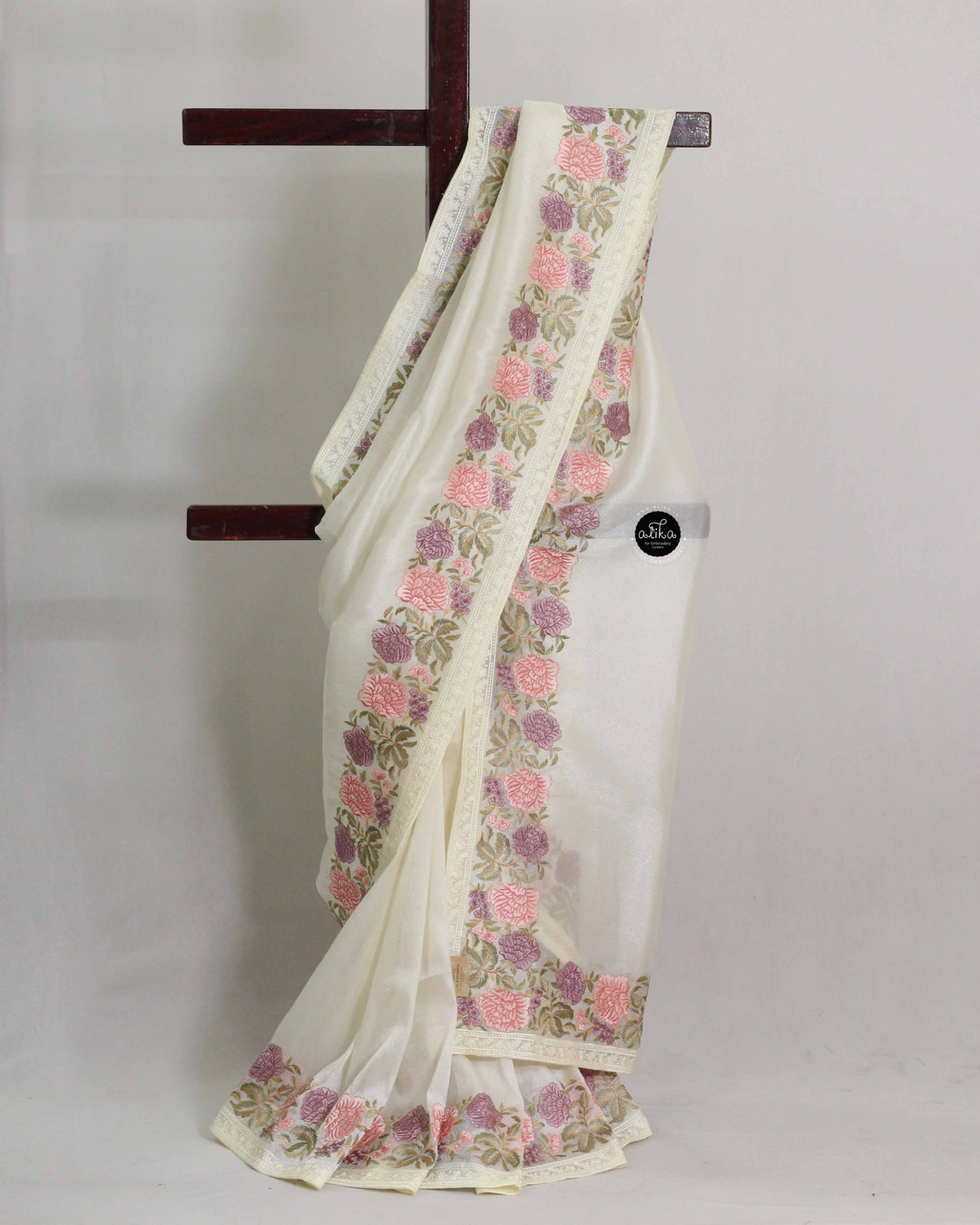 Off White Semi Organza Saree with Floral Machine Embroidery