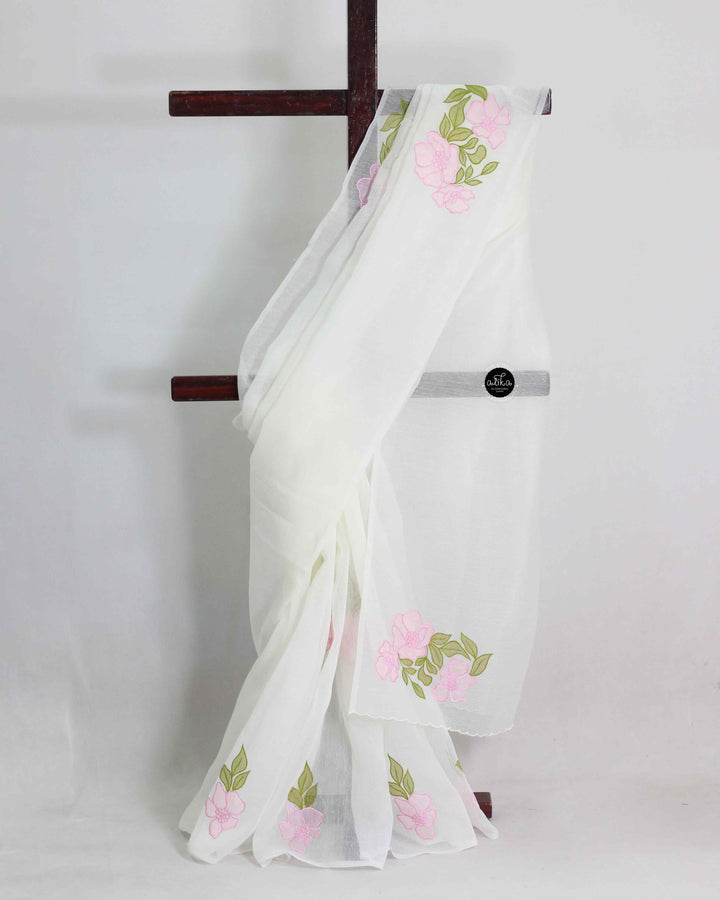 Off White Kota Saree with Pink Applique Embroidery