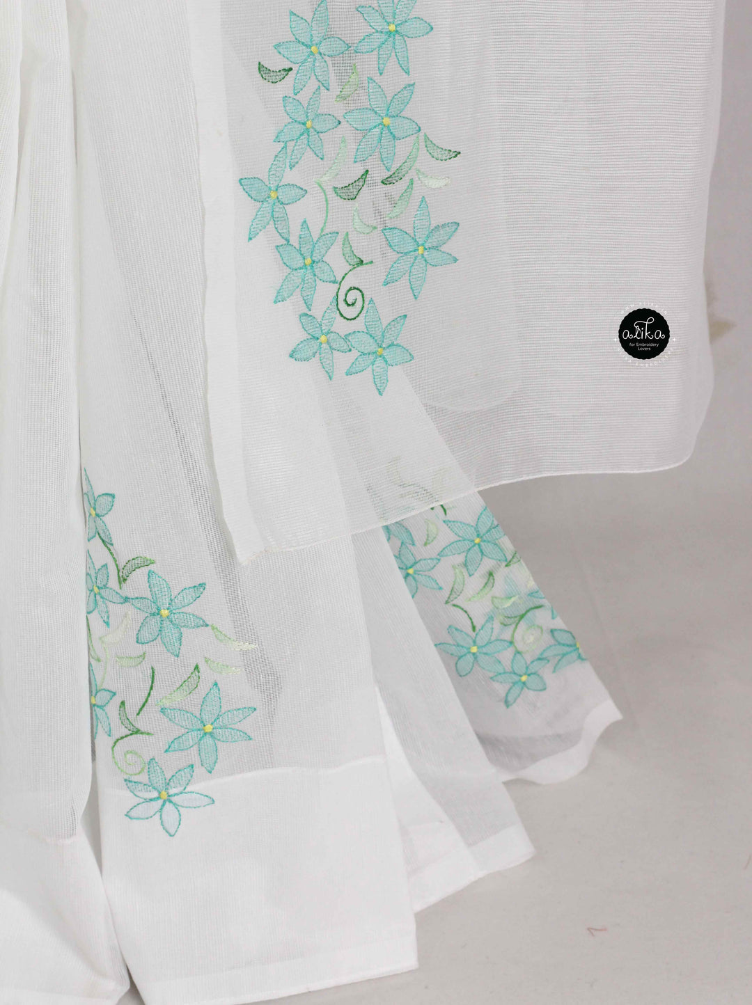 White Kota Saree with Floral Shadow Work