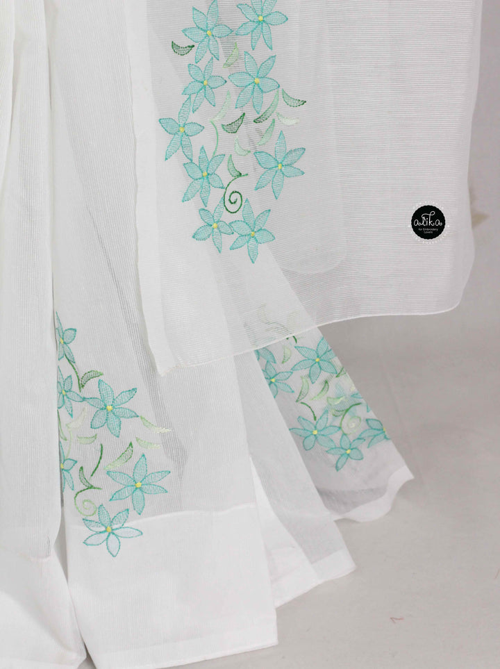 White Kota Saree with Floral Shadow Work
