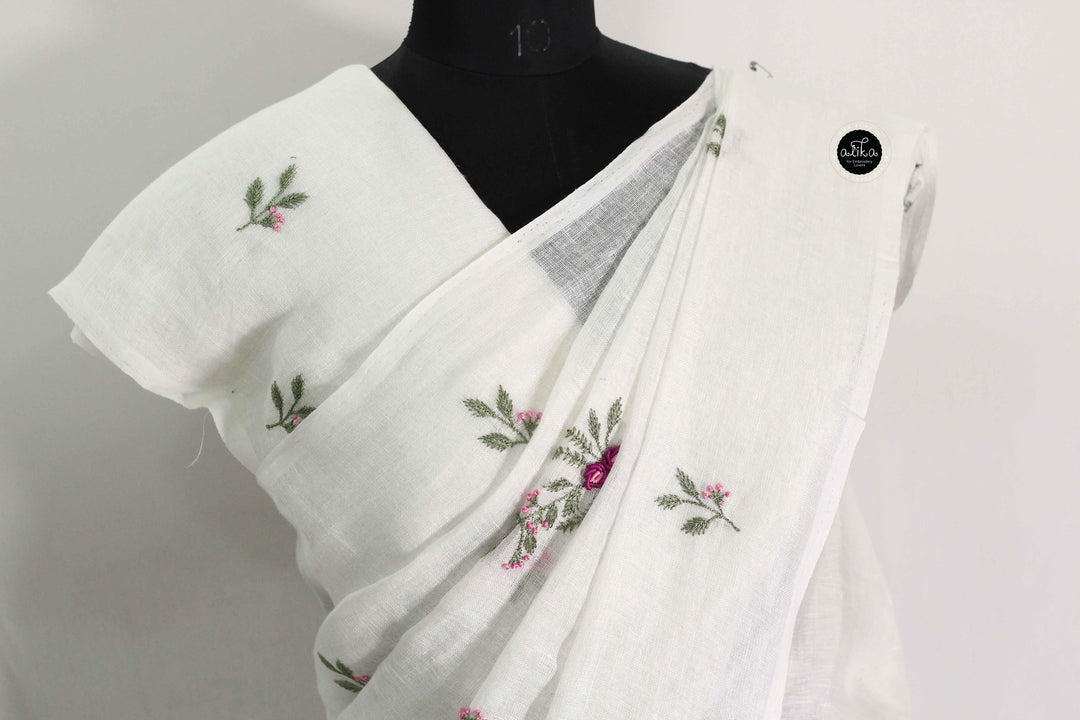 White Pure Linen Saree with Floral Embroidery