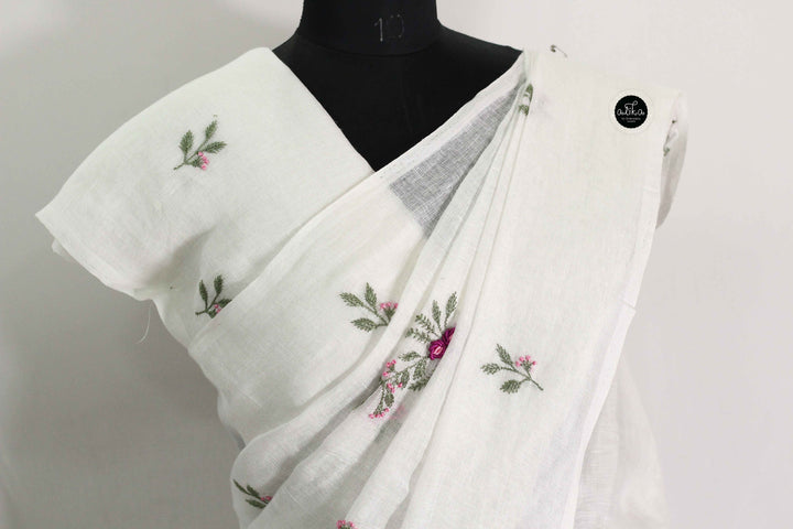 White Pure Linen Saree with Floral Embroidery