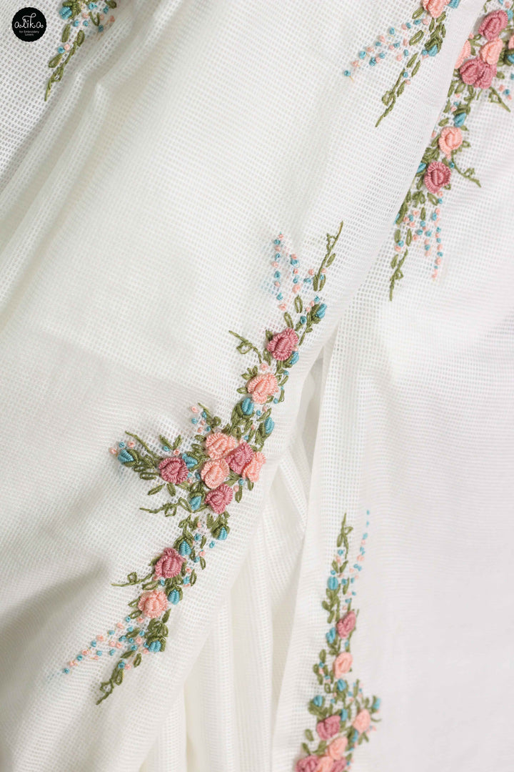White Bagalpuri Silk Saree with Floral Hand Embroidery