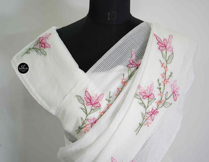 White Bhagalpuri Silk Saree with Floral Shadow Work and Bead Embellishments