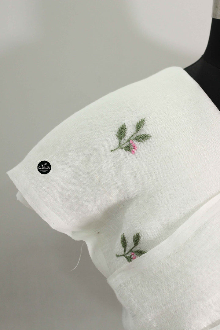 White Pure Linen Saree with Floral Embroidery