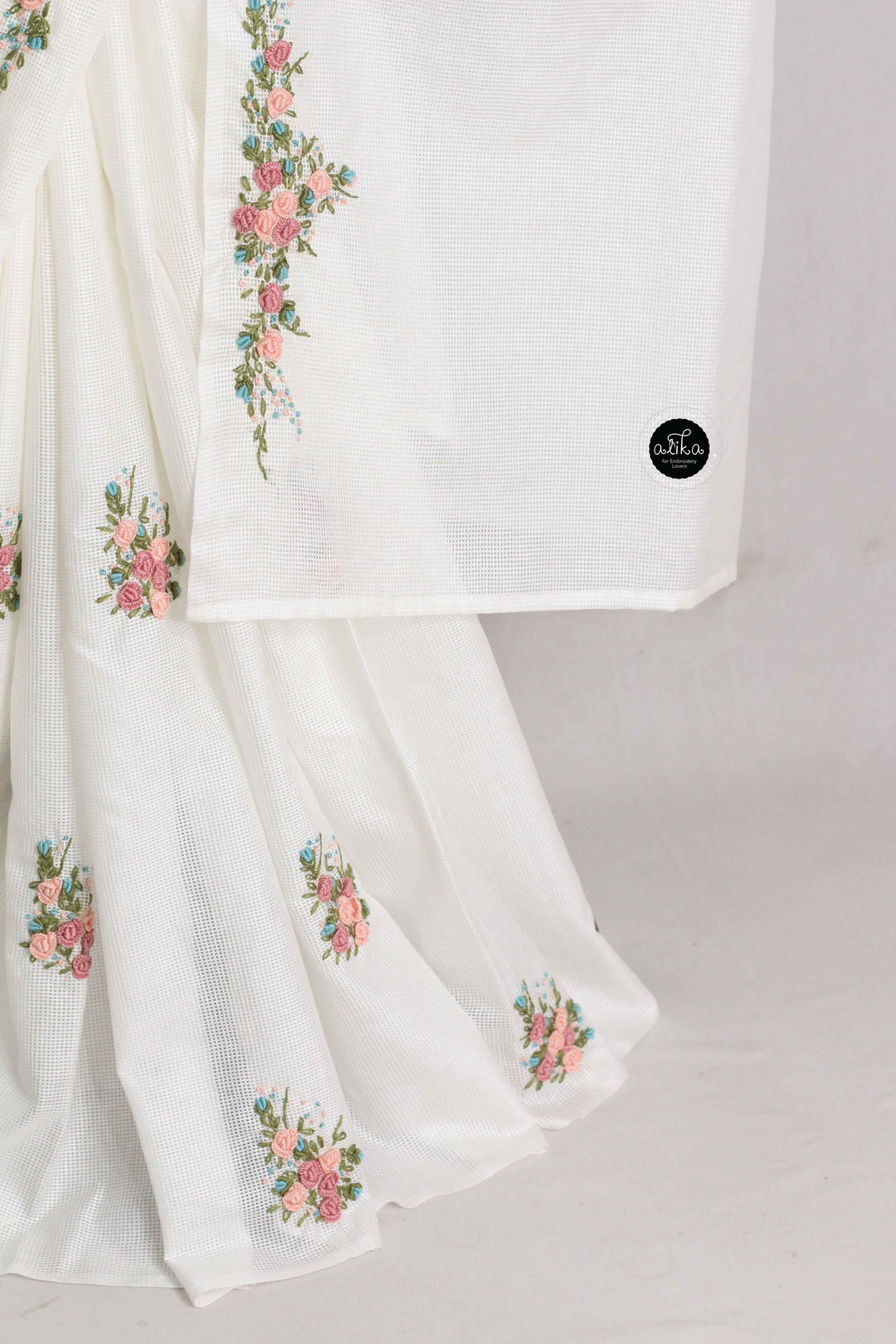 White Bagalpuri Silk Saree with Floral Hand Embroidery