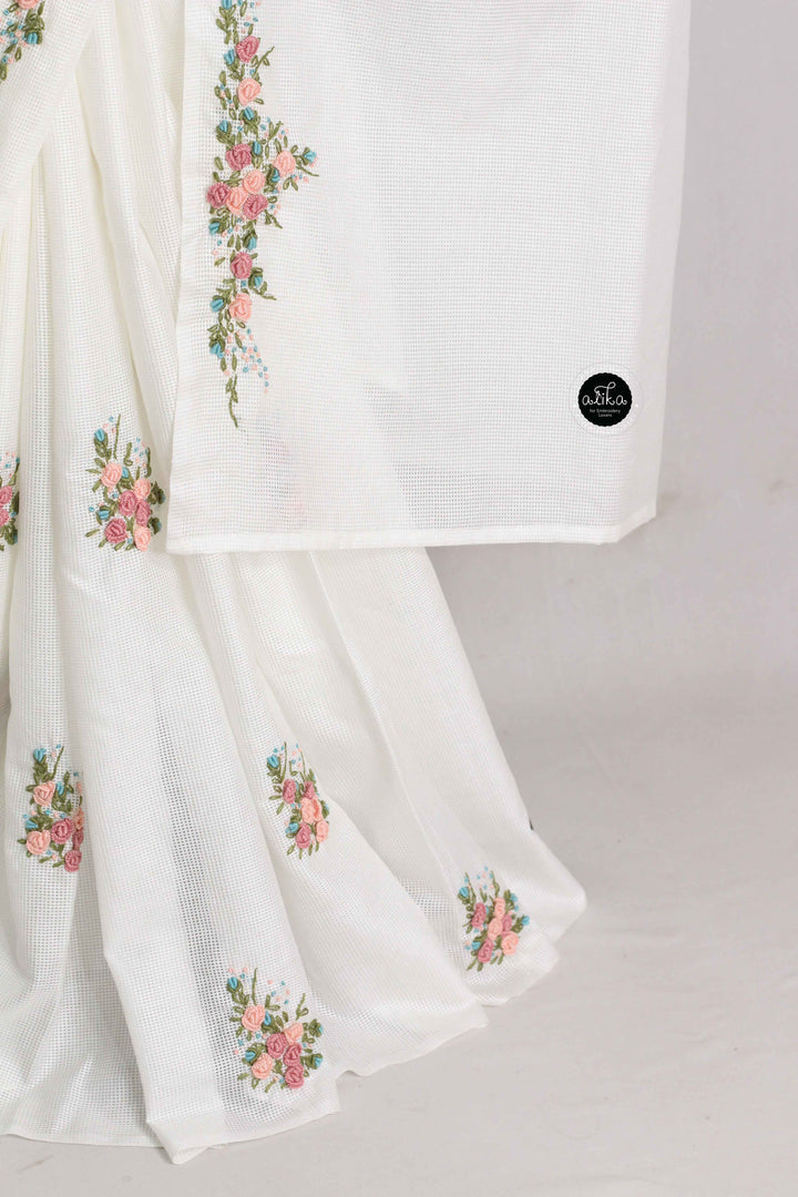 White Bagalpuri Silk Saree with Floral Hand Embroidery