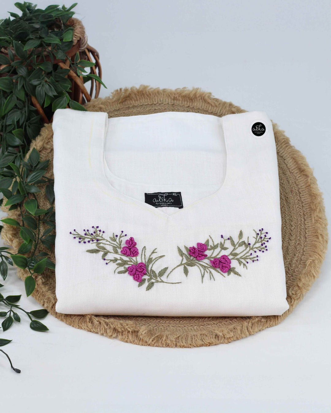 White Semi-Linen Stitched Kurti with Floral Hand Embroidery on Neckline &amp; Sleeves