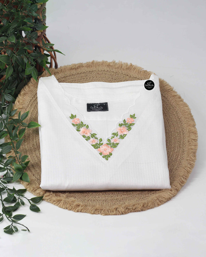White Stitched Kurti with Floral Embroidery on Neckline &amp; Sleeves