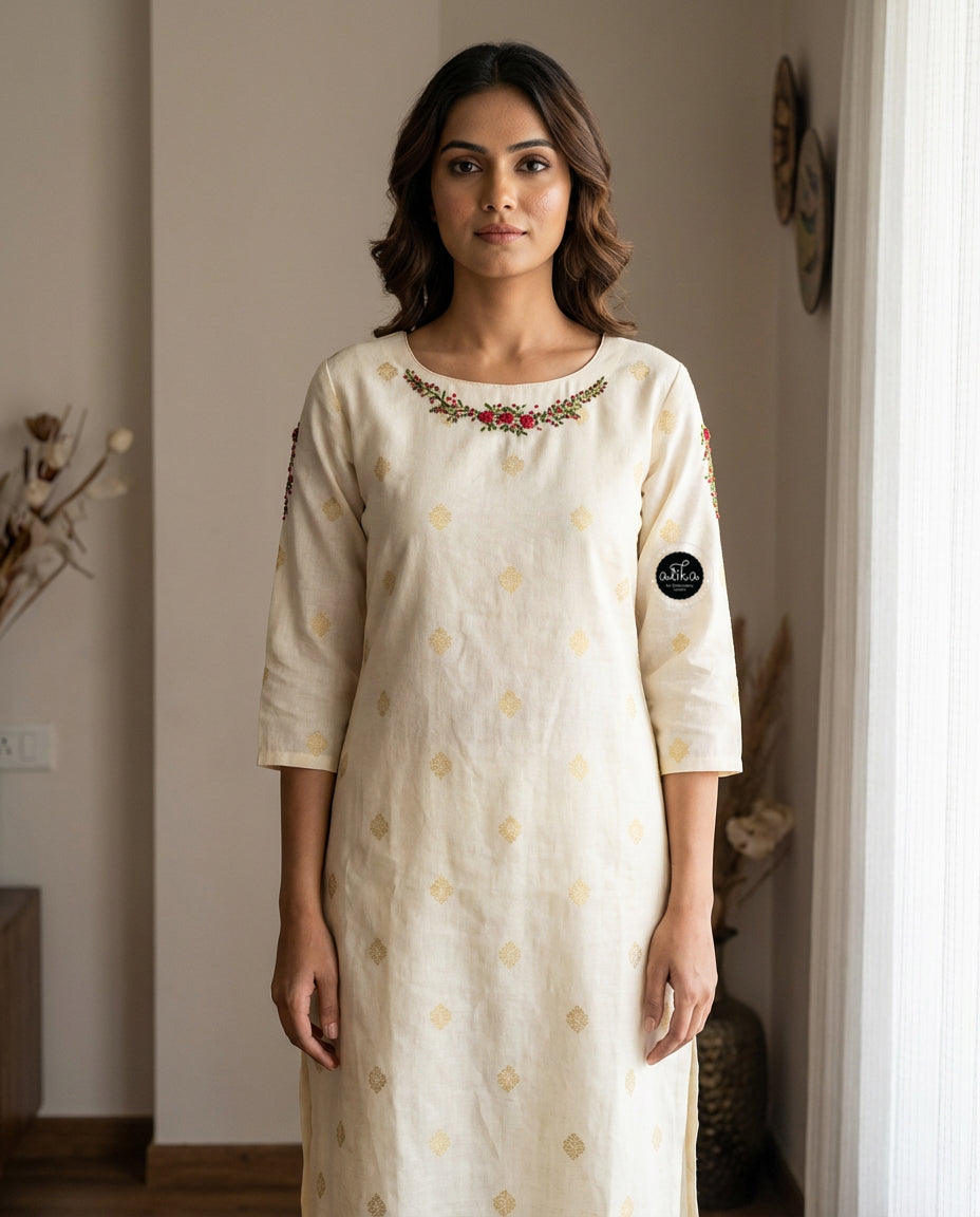 Chanderi Cotton Stitched Kurta with Hand-Embroidered Floral Detailing on Neck &amp; Sleeves