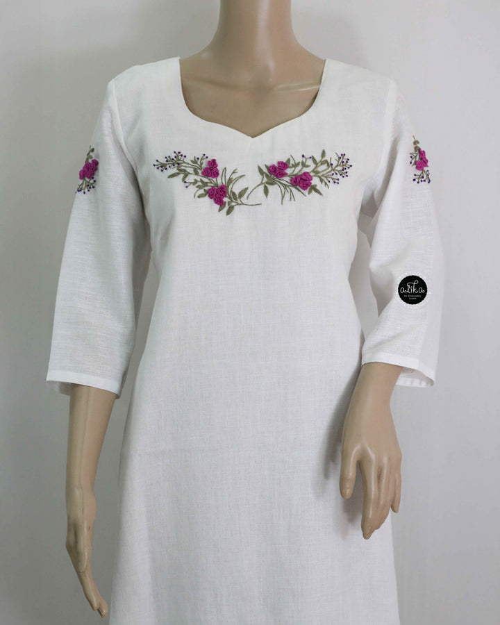 White Semi-Linen Stitched Kurti with Floral Hand Embroidery on Neckline &amp; Sleeves