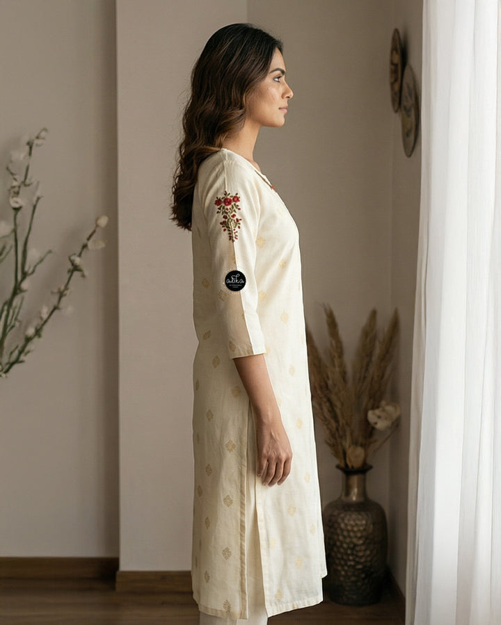 Chanderi Cotton Stitched Kurta with Hand-Embroidered Floral Detailing on Neck &amp; Sleeves