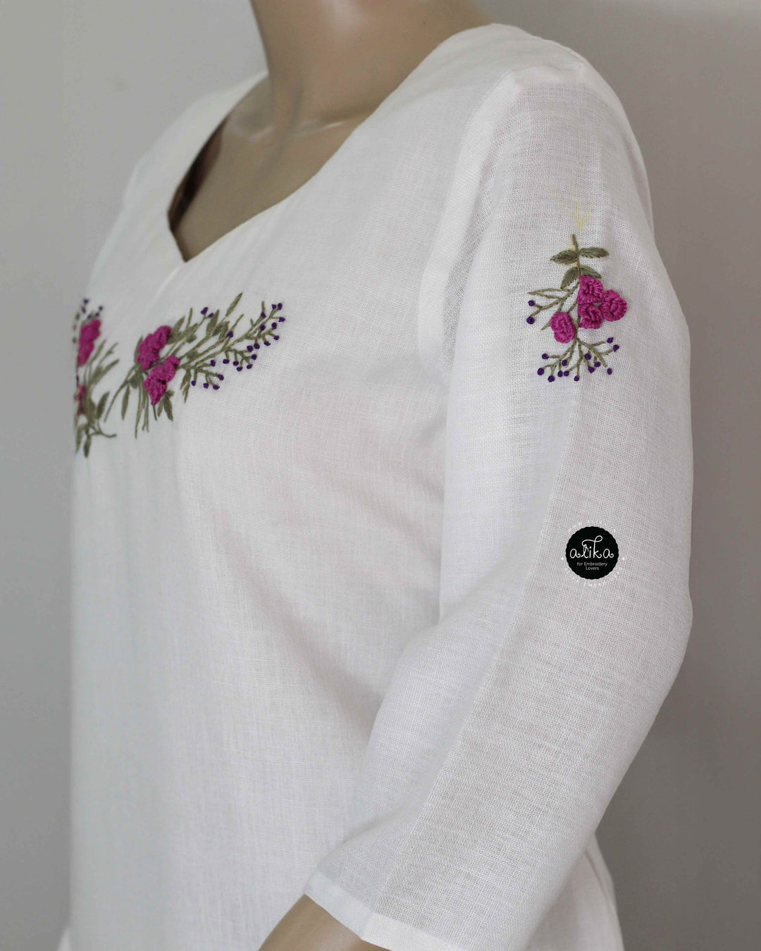 White Semi-Linen Stitched Kurti with Floral Hand Embroidery on Neckline &amp; Sleeves