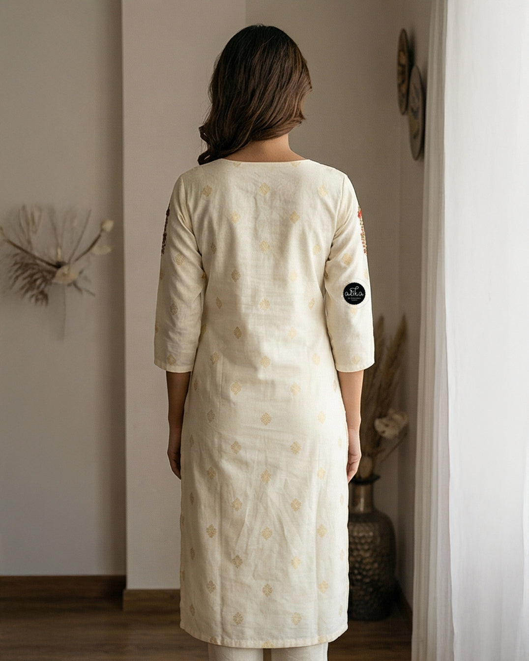 Chanderi Cotton Stitched Kurta with Hand-Embroidered Floral Detailing on Neck & Sleeves – Elegant Ethnic Wear for Women