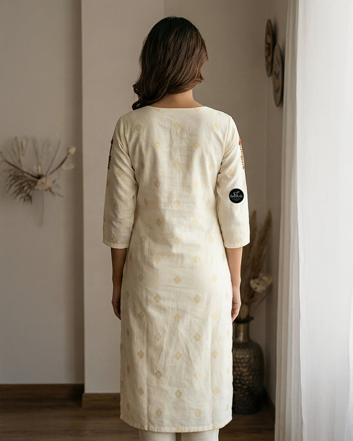 Chanderi Cotton Stitched Kurta with Hand-Embroidered Floral Detailing on Neck &amp; Sleeves