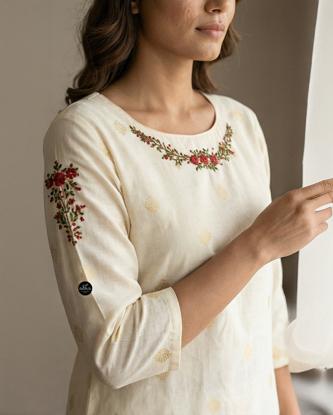Chanderi Cotton Stitched Kurta with Hand-Embroidered Floral Detailing on Neck & Sleeves – Elegant Ethnic Wear for Women