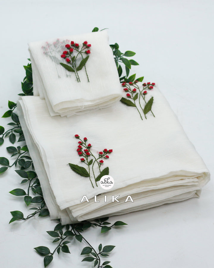 Hand Embroidered White Kota Saree