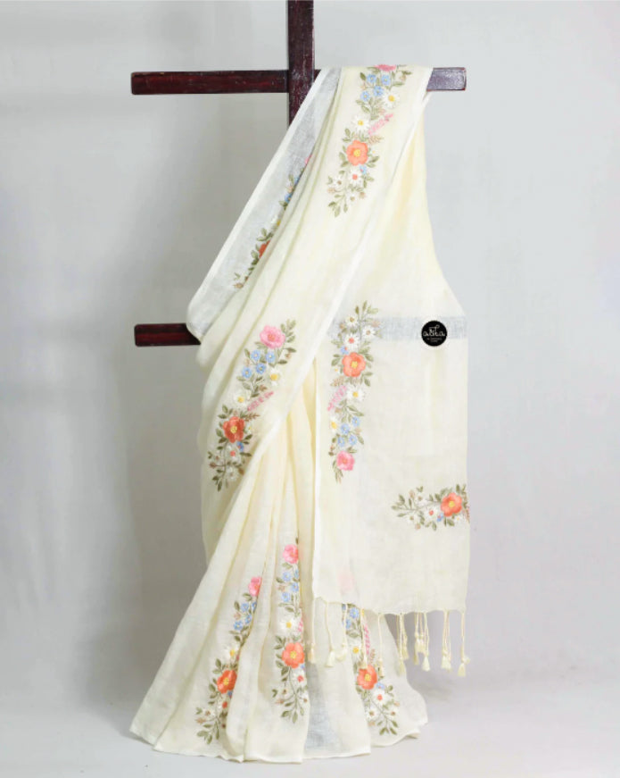 Cream Pure Linen Saree with Multicolour Floral Embroidery